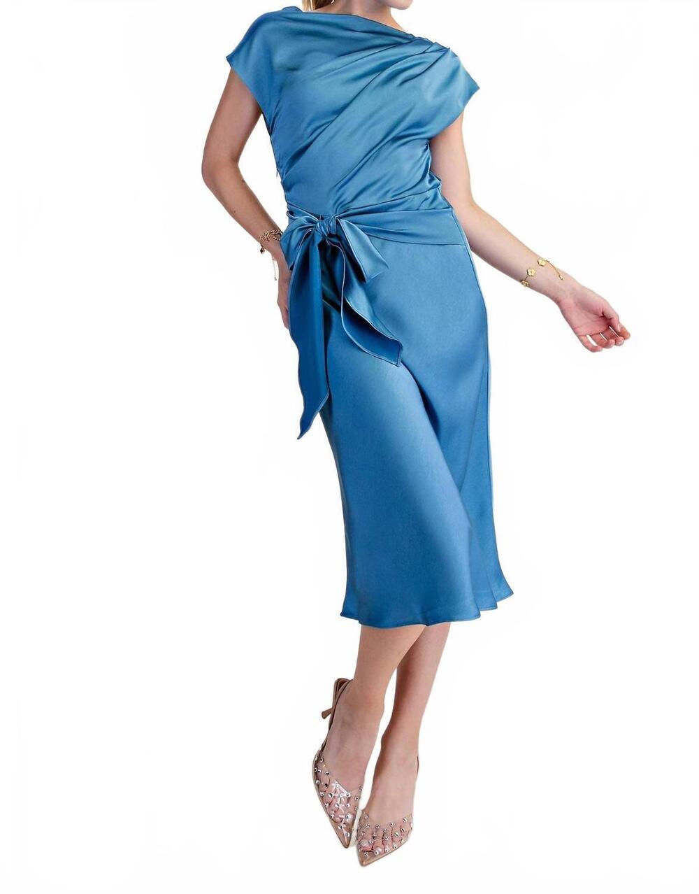 NEW GLAM asymmetrical waist tie midi dress in blue